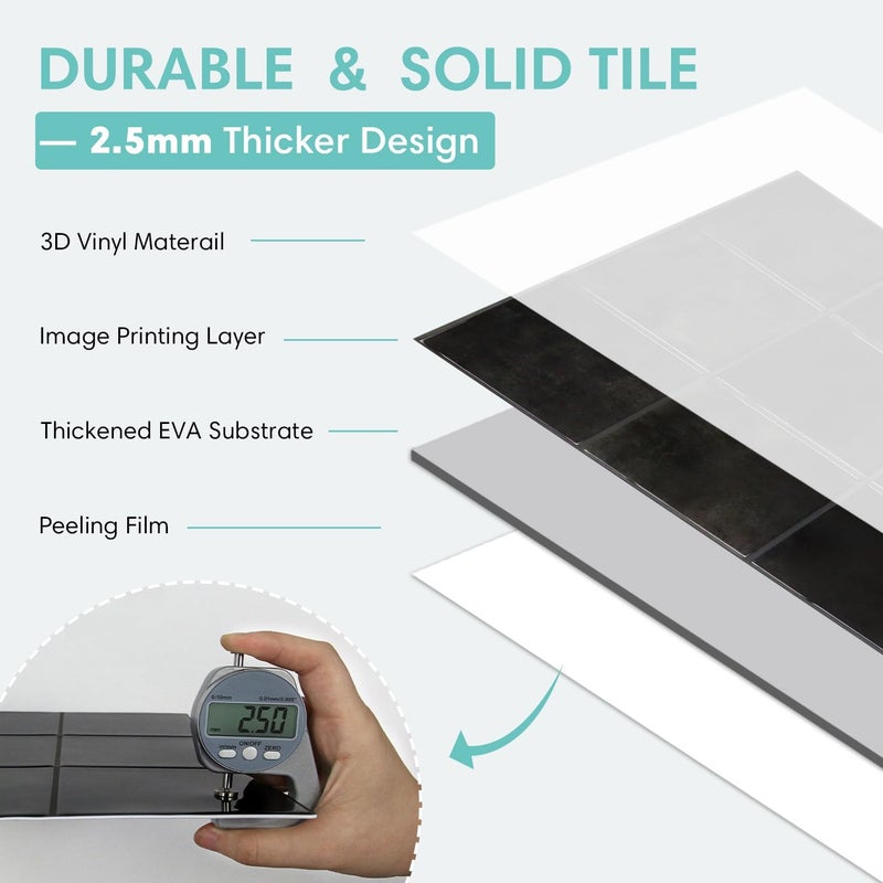 Commomy Thicker Black Peel and Stick Tiles - 10 pcs of 12" x 12" - 3D Adhesive Square Peel and Stick Tiles Backsplash for Kitchen, Bathroom, Removable, Waterproof, Vinyl Wall Tile - Image 3